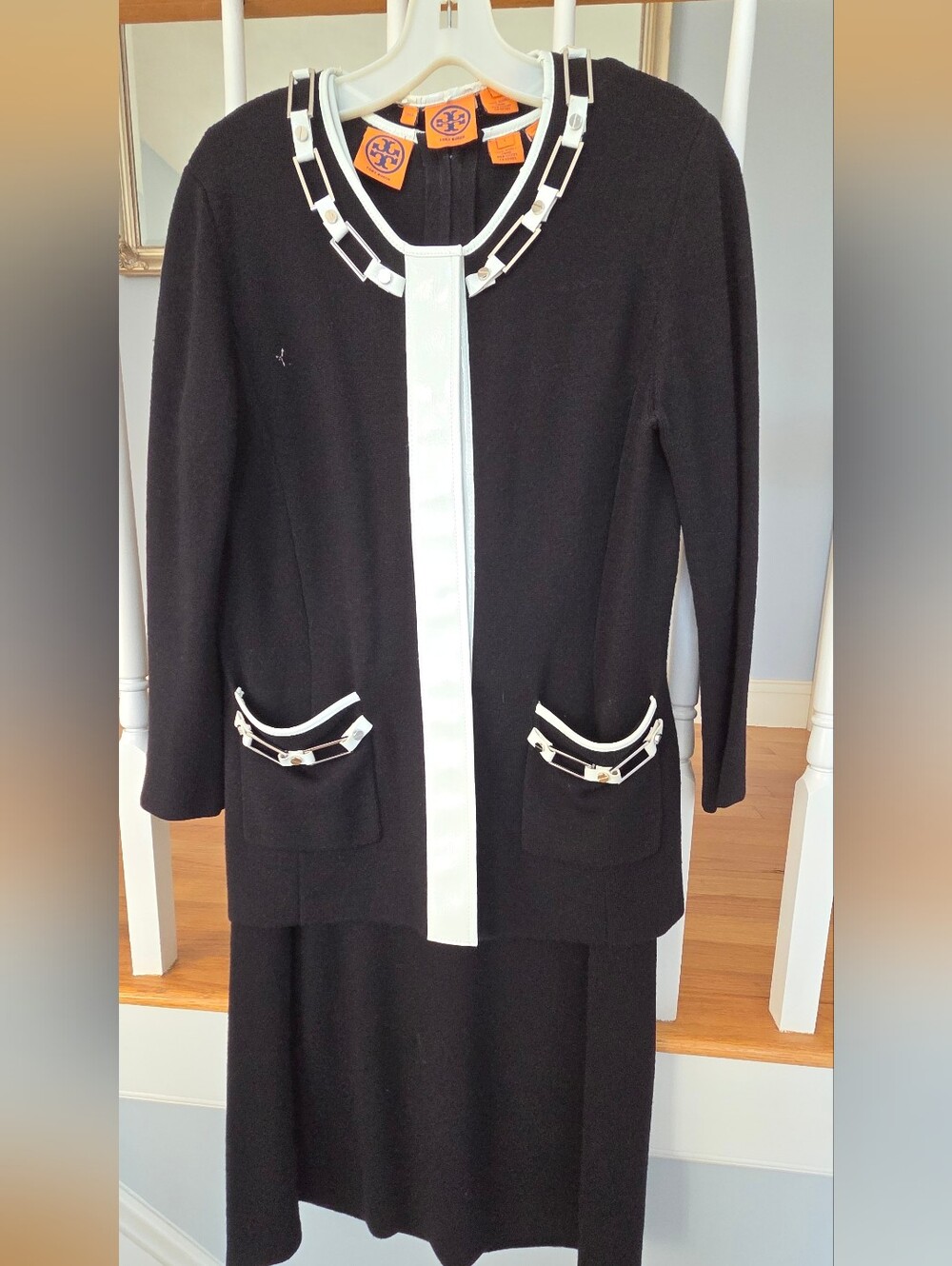 Tory Burch Black Jacket /Dress Set w white trim, Silvertone Hardware LARGE